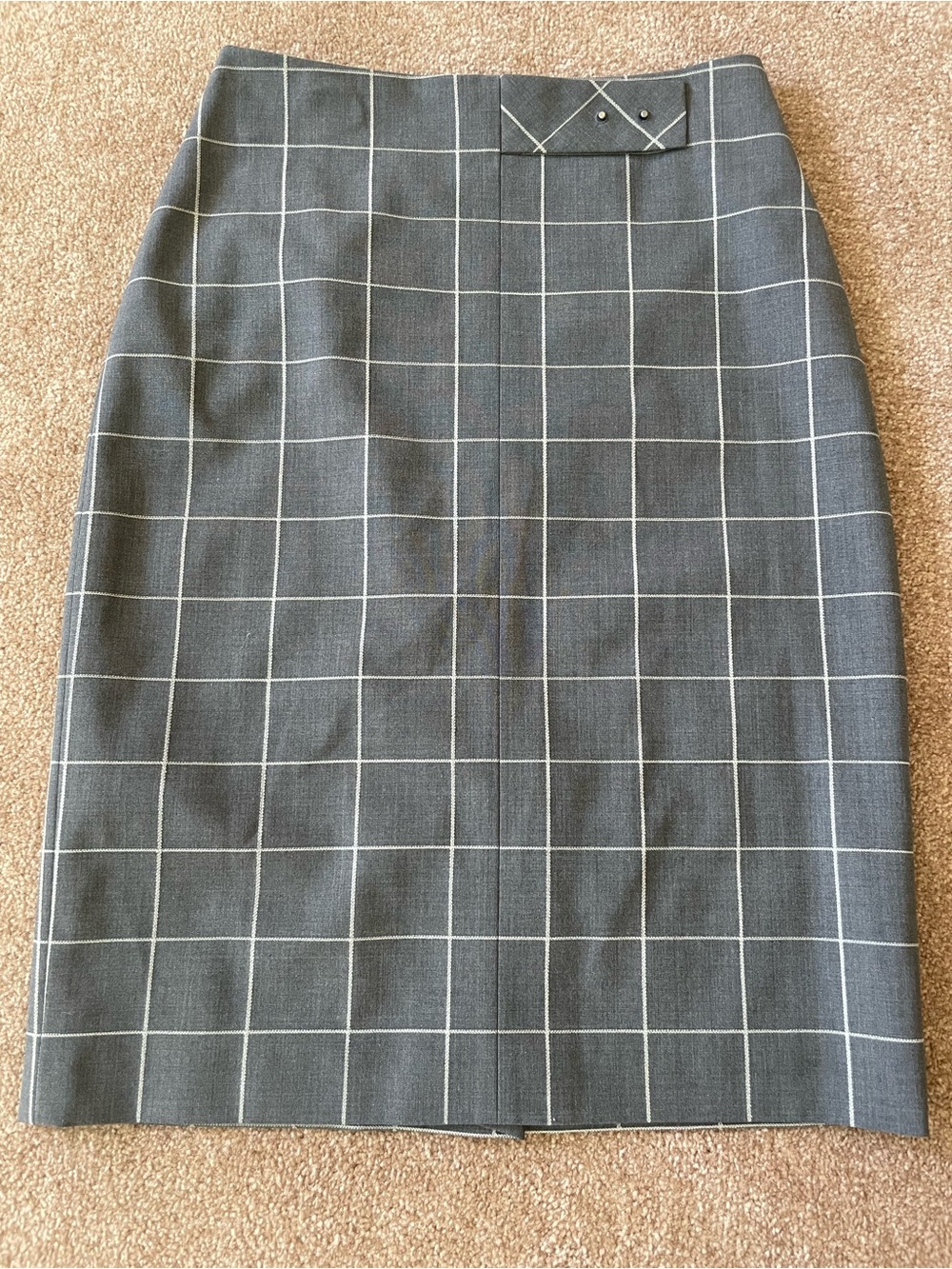 Boss Gray Windowpane Pencil Skirt with White Check and detailed waist